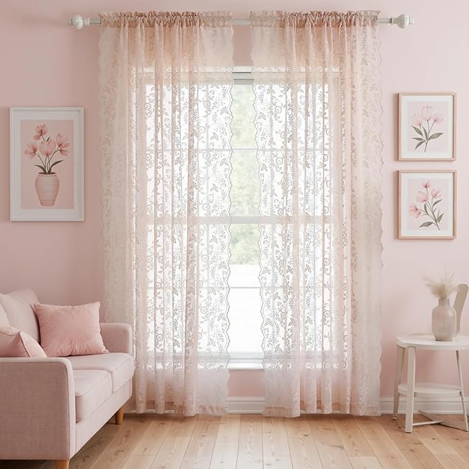 Blush Pink Floral Sheer Lace Curtains by FINECITY