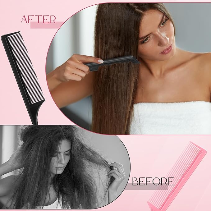 Leinuosen 3 Pack Rat Tail Combs Fine Tooth Parting Tip for Women Carbon Fiber Heat Resistant Anti Static Teasing for Back Combing Root Teasing Adding Volume Evening Styling(Black, Pink, White)