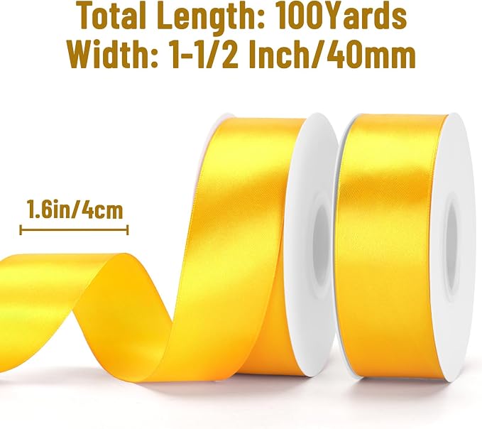 KINGLAKE Yellow Satin Ribbon – 1-1/2 Inch x 2 Rolls Golden Yellow Maize Yellow - Image 2