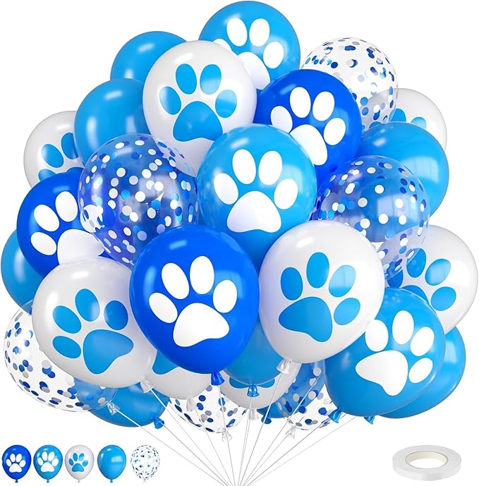 Paw Balloons, 12 Inch Paw Print Navy Blue Light Blue and White Confetti Dog by FEYG