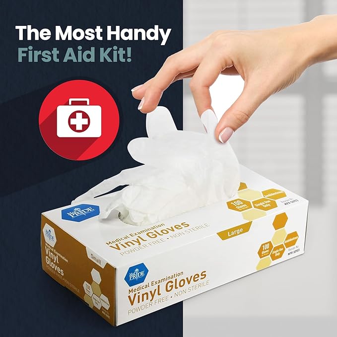 MED PRIDE Medical Vinyl Examination Gloves (Large, 100-Count) Latex & Rubber Free, Ultra-Strong, Clear Disposable Powder-Free Gloves for Healthcare & Food Handling Use
