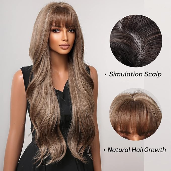 EMMOR Long Curly Light Brown Wigs with Bangs for Women, Heat Resistant Synthetic Wavy Wigs for Daily/Party/Cosplay