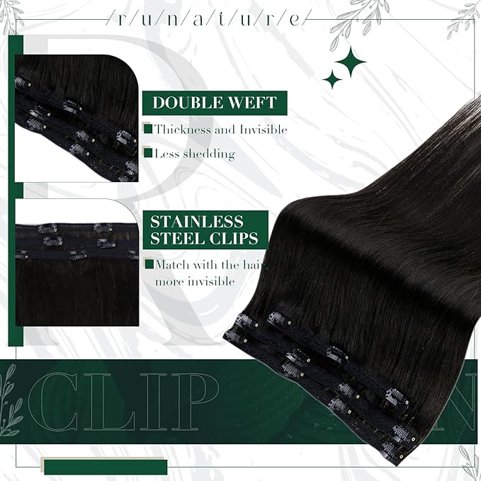 RUNATURE Black Clip in Hair Extensions, Real Hair Extensions Clip Ins, Long Human Hair Clip in Extensions, Remy Soft Hair, Natural Looking, 20 Inch 50g 3pcs #1B Off Black