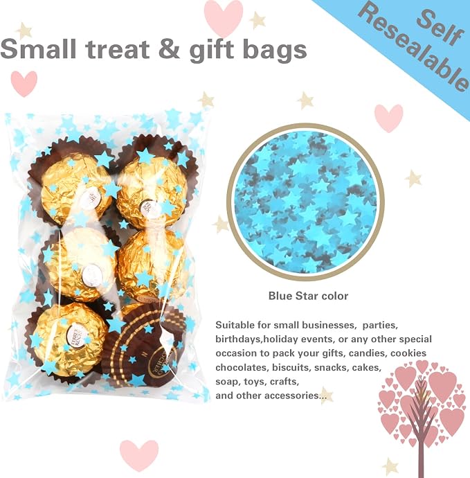 COQOFA 100 Pcs Star Printed Sealable Gift Wrap Cello Cellophane Bags Self - Image 3