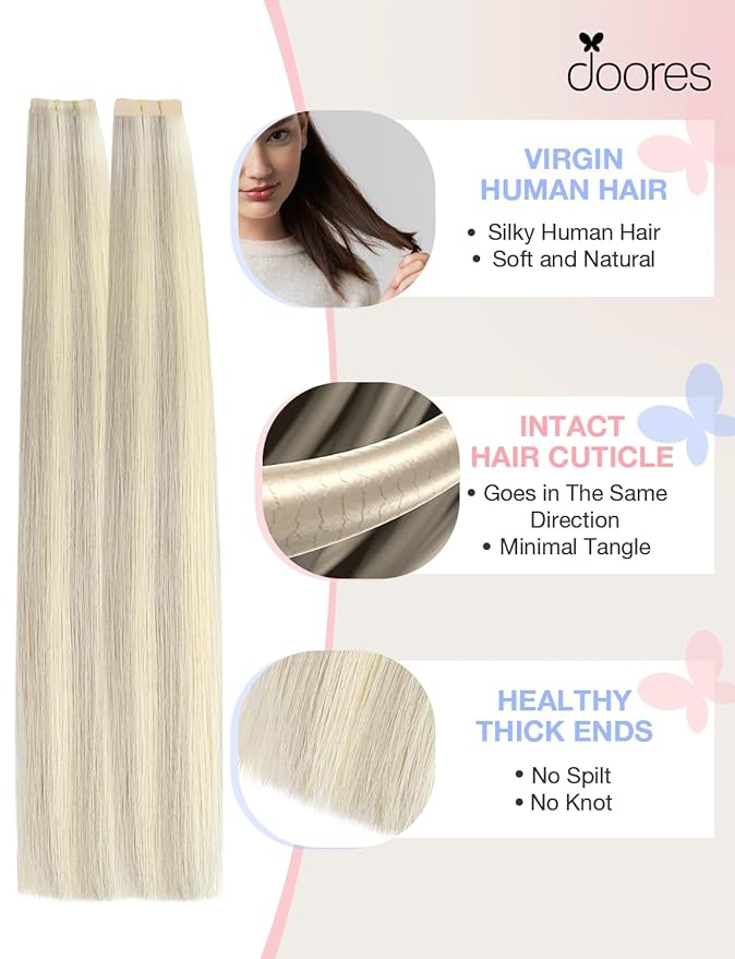 DOORES Invisi Edge Human Hair Tape in Extensions, Ash Blonde Highlighted Platinum Blonde 10 Injection Tape-ins with 10 Classic Tape-ins 50g 18 Inch, Injected Tape in Extensions Straight