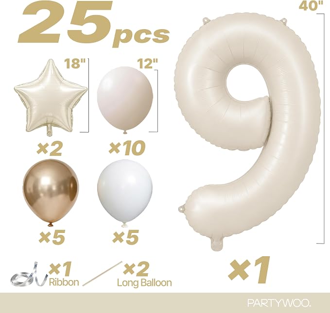 PartyWoo Number Balloons 40 Inch White Number 9 Kit 25pcs - Image 2