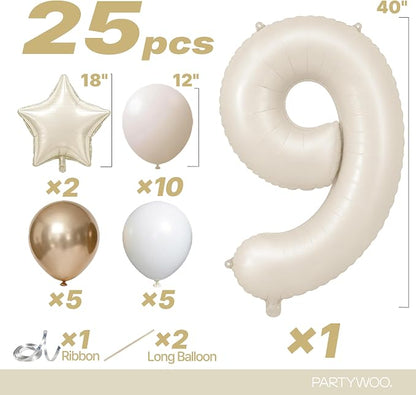 PartyWoo Number Balloons 40 Inch White Number 9 Kit 25pcs - Image 2