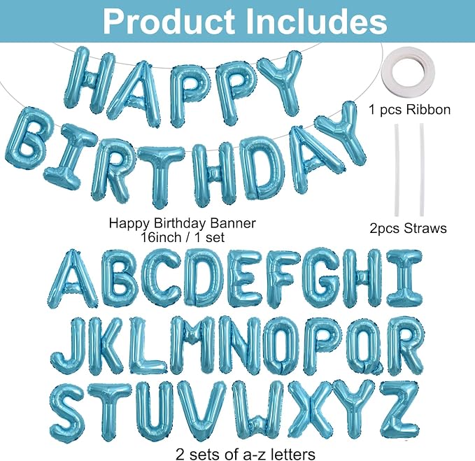 TONIFUL 65 Pcs 16 Inch Light Blue Happy Birthday Balloons and 2 Sets A-Z Foil - Image 2