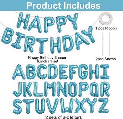 TONIFUL 65 Pcs 16 Inch Light Blue Happy Birthday Balloons and 2 Sets A-Z Foil - Image 2