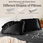 SiinvdaBZX Black Satin Pillowcase Standard/Queen Size Set of 2, Silky Travel Elastic Band Satin Pillow Case for Hair and Skin, Soft Portable & Fit for Various Pillow