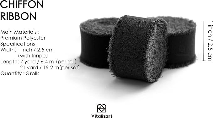 Vitalizart Black Chiffon Silk Ribbon 1" x 21 Yd Fringe Fabric Package - Image 2