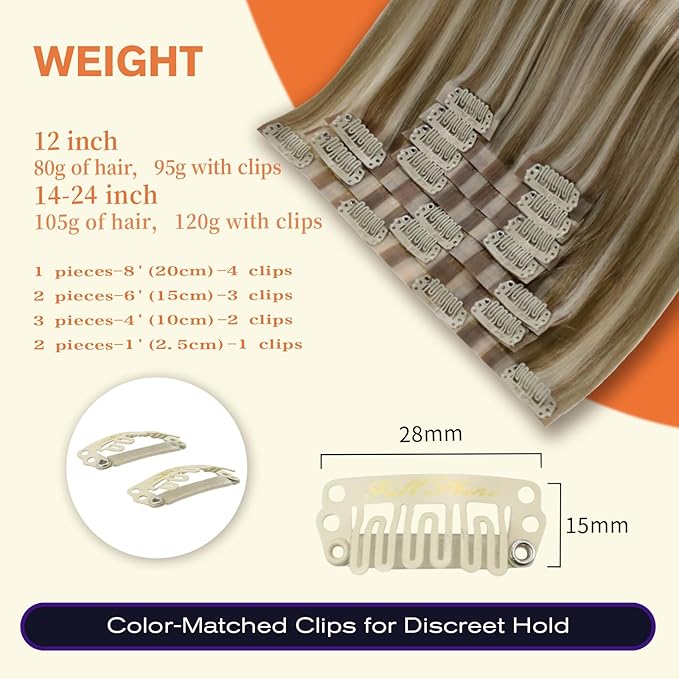 Full Shine Seamless Hair Extensions Clip ins 22 Inch Brown Highlights Clip in Extensions Light Brown Mix Platinum Blonde Remy Hair Full Head Ease of Use 8 PCS 120 G