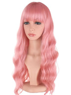 Pink Hair Wavy Wigs With Bangs For Women Synthetic Pink Wigs For Daily Use Everyday Wear.