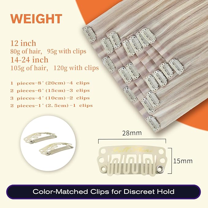 Full Shine Clip in Human Hair Extensions Ash Blonde Mix Platinum Blonde Seamless Clip in Hair Extensions Human Hair Straight Hair Invisible Soft with PU Weft 14 Inch 8 Pcs 120 G