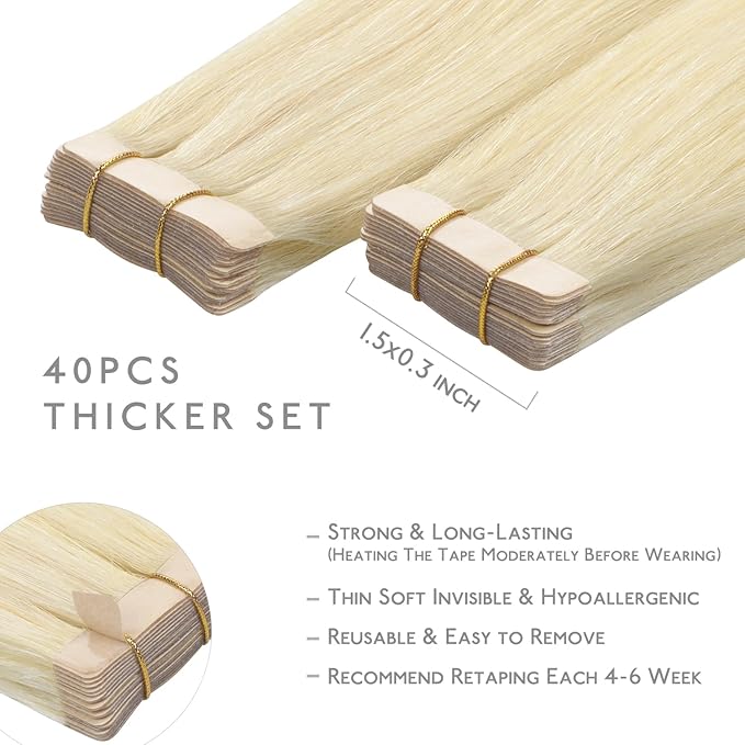 WENNALIFE Tape in Hair Extensions Human Hair, 40pcs 100g 18 inch Platinum Blonde Hair Extensions Real Human Hair Straight Tape in Extensions Invisible Human Hair Extensions