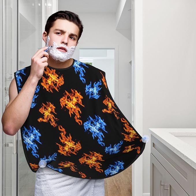 Adjustable Non-Stick Beard Apron, Hair Catcher Cape for Shaving Grooming, Waterproof with Suction Cups Men, Red and Blue Fire Shave Bib