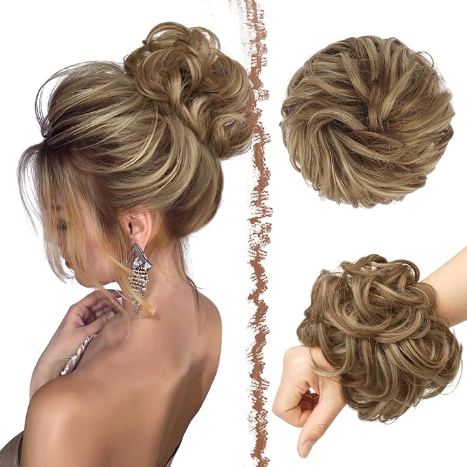 FESHFEN Messy Bun Hair Pieces - Large Wavy Curly Elastic Hair Bun Scrunchies Ponytail Extensions Synthetic Chignon Hairpieces for Women, Brown & Blonde 1.94oz