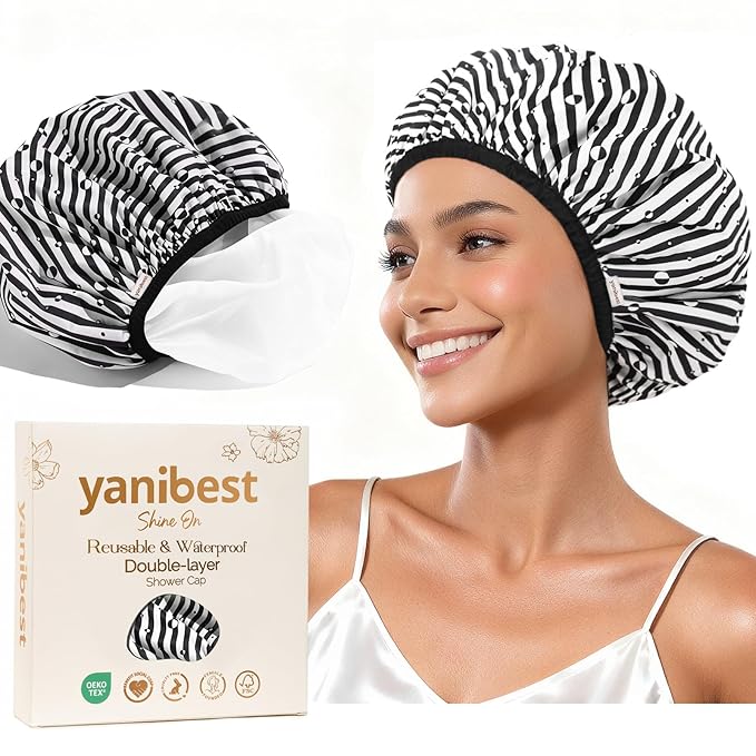 Yanibest Shower Cap Reusable Waterproof - Double Layer Shower Caps for Women, Washable Shower Bonnet with Soft Non-Slip Elastic Band, Bath Hair Hat for Most Hair Types
