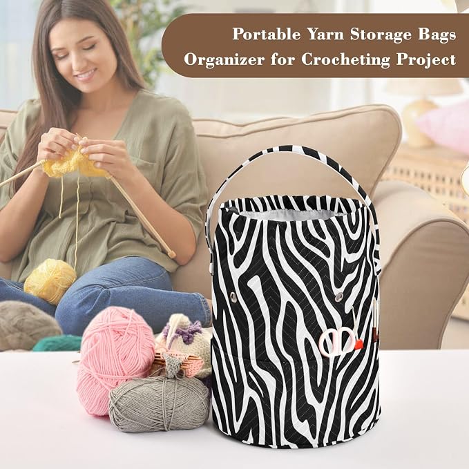White Black Zebra Print Yarn Bag Small Crochet Bag Drawstring Yarn Storage - Image 4
