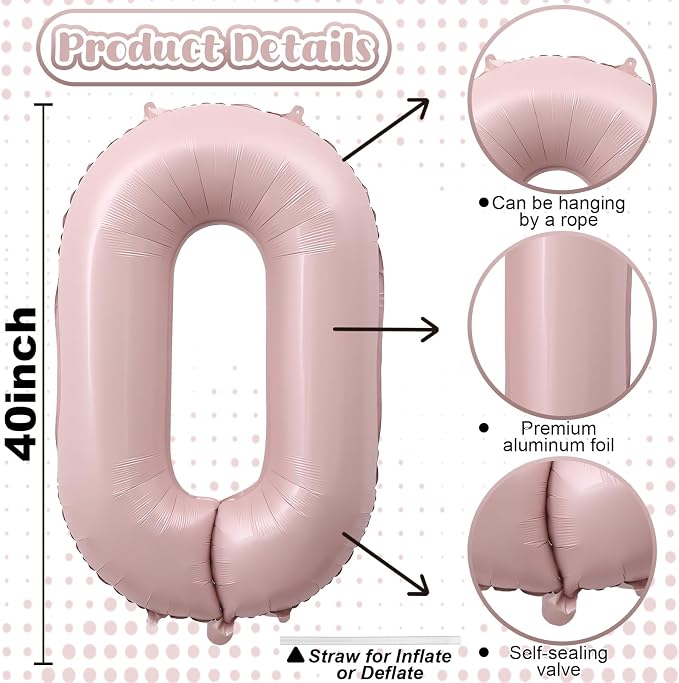 40 Inch Balloon Number 0 Pastel Pink, Large Foil Dusty Retro Pink Number - Image 2
