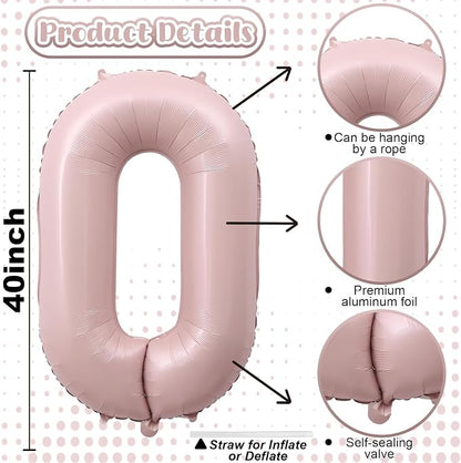 40 Inch Balloon Number 0 Pastel Pink, Large Foil Dusty Retro Pink Number - Image 2