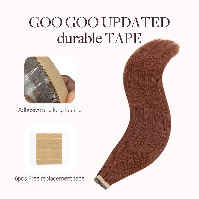 GOO GOO Tape in Hair Extensions Human Hair, #33B Dark Auburn Copper, 16inch 100g 40pcs, Skin Weft Seamless Invisible, Silky Straight with Thick Ends, Remy Human Hair