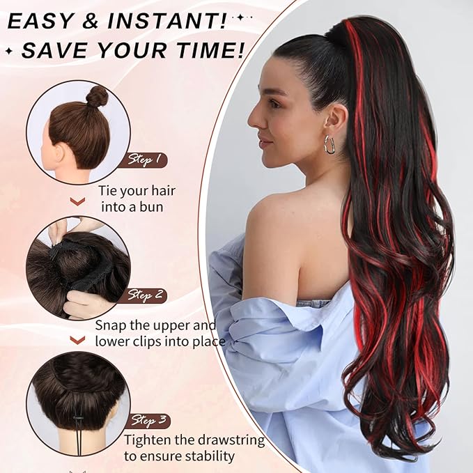 Ponytail Extension, Drawstring Ponytail Extension for Women 26 Inch Long Wavy Highlights Pony Tails Hair Extensions Synthetic Clip in Ponytail Hairpiece for Women(H1B/113)