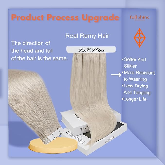 Full Shine Blonde Hair Extensions Color 1000 Blonde Tape in Hair Extensions Human Hair Remy Seamless Skin Weft 24Inch Double Sided Adhesive Extension 100G for Women 40Pcs