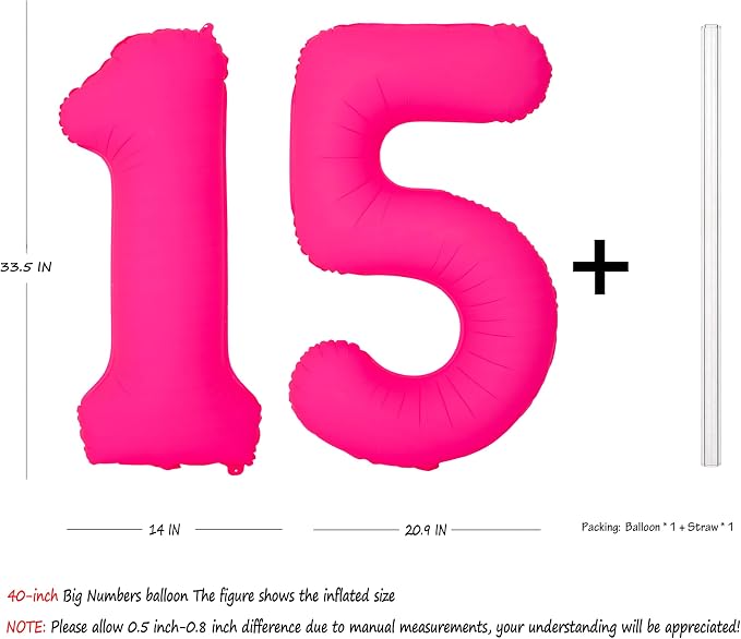 Pink Birthday Number 15 Balloons 40IN Fluorescent Pink 51 Foil Balloon | - Image 2
