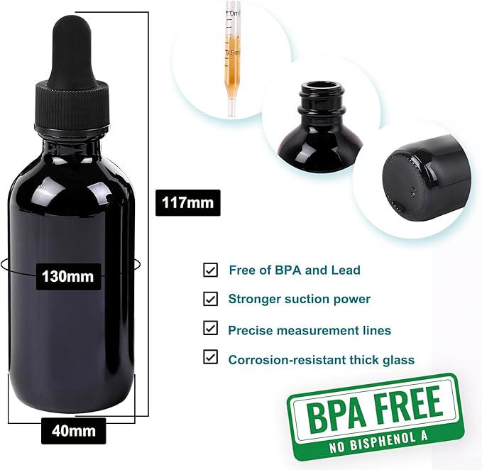 2oz Glass Dropper Bottle,Preety Texture Tincture Bottles with Precise Scales Eye Droppe,for All Kinds Of Mixed Liquids,Leak-Proof Design for Easy Travel (Black-48Pack)