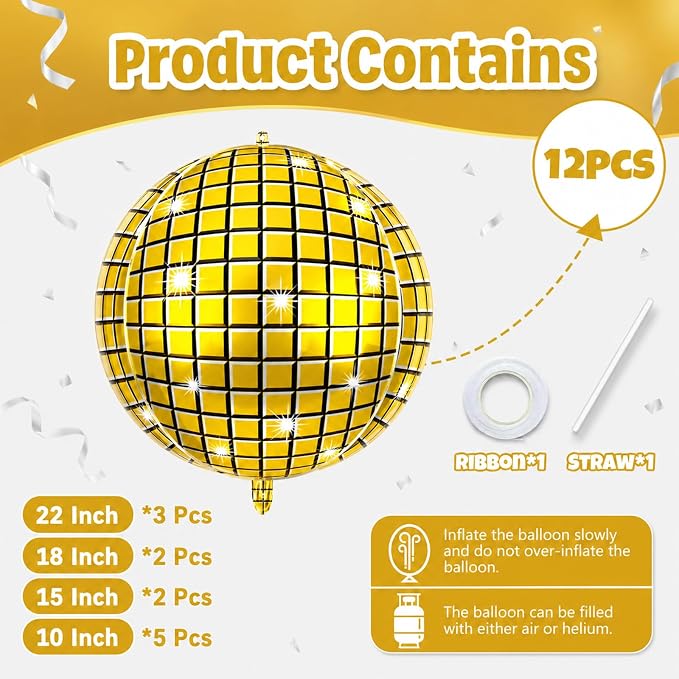 12Pcs Disco Ball Balloons Gold, Giant Metallic Gold Disco Foil Balloons - Image 2