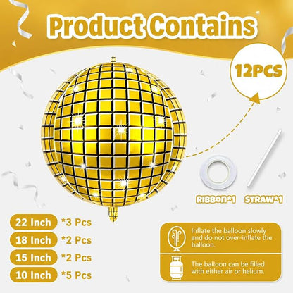 12Pcs Disco Ball Balloons Gold, Giant Metallic Gold Disco Foil Balloons - Image 2
