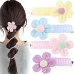 4PCS Spiral Hair Ties with Cloth Flower, 4 Colors Floral Phone Cord Ponytail Holders for Women, Elegant Rubber Hair Coils, Stylish Hair Accessories for Party, Daily Use