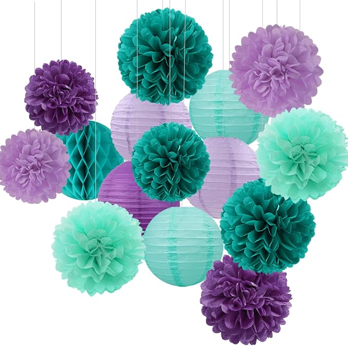 Teal-Purple Party-Decorations Paper Flowers Lanterns by Hugfond