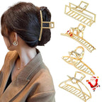 4 Pack Large Gold Hair Claw Clips for Women Thick Hair, French Design Metal Cross Banana Non-Slip Hair Catch Barrette Jaw Clamp Clips for Women and Girls