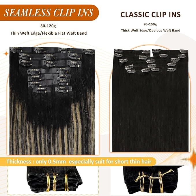 Full Shine Hair Clip in Extensions 14 Inch Seamless Clip in Hair Extensions Black Ombre Honey Blonde With Black Seamless Human Hair Clip ins Extension Skin Weft 8 Pcs 120 G