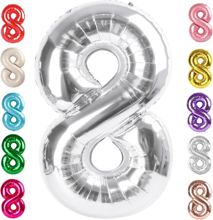 8 Balloon Numbers Birthday Decorations, 40In Silver Balloons by Mluchee