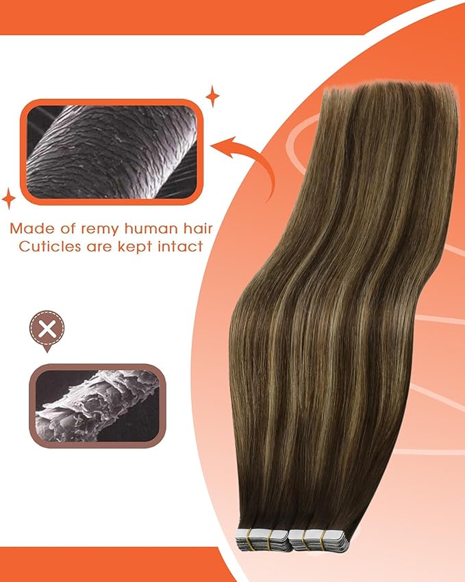 Sunny Hair Tape in Hair Extensions Real Human Hair Invisible Remy Hair Extensions Tape ins for Women Dark Brown Ombre Caramel Blonde Balayage 24 inch 25G