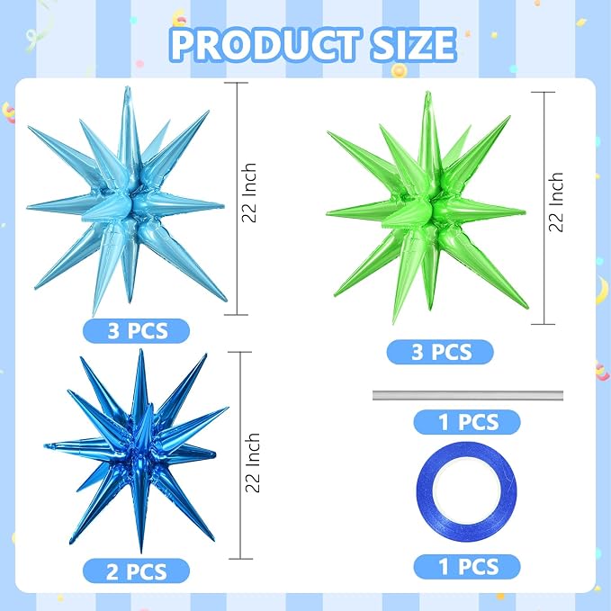TONIFUL 8 Pcs Blue and Green Explosion Star Foil Balloon Party Decoration | 22 - Image 2