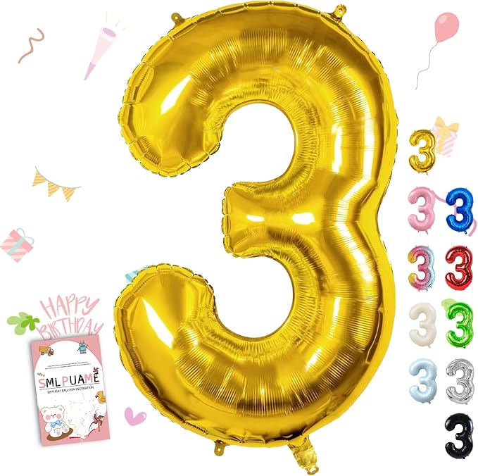 40 Inch Gold Number 3 Balloon, 3rd Birthday Decoration Boys Girls | Large Self by Smlpuame
