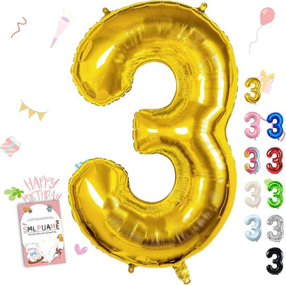 40 Inch Gold Number 3 Balloon, 3rd Birthday Decoration Boys Girls | Large Self by Smlpuame