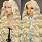 32 Inch 613 Blonde Lace Front Wig Synthetic Hair Pre-Styled Body Wave 13x4 HD Transparent Lace Glueless Wig with Wig Cap for Women