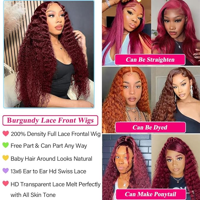 34 Inch 99J Burgundy 13x6 Lace Front Wigs Human Hair Red Burgundy Wig 200% Density Deep Wave Lace Front Wigs Human Hair Pre Plucked Glueless Lace Frontal Wigs for Women