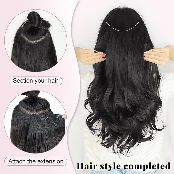 ALXNAN Long Wavy Hair Extensions for Women, Clip in Hair Extensions Clip Ins Soft Full Head Synthetic Hairpieces 20 Inch Medium Ash Brown