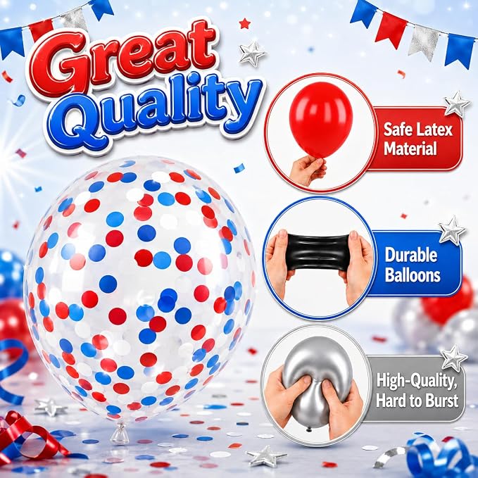 Red Blue Balloons for Patriotic Party Decor | 12 Inch Red Blue Silver Balloons - Image 3