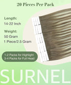 SURNEL Tape in Hair Extensions Human Hair Ombre Color 8 Ash Brown Fading to 60 Platinum Blonde Tape in Hair Extensions 14 inch Silky Remy Tape Hair 20pcs 50g(#8T60-14)