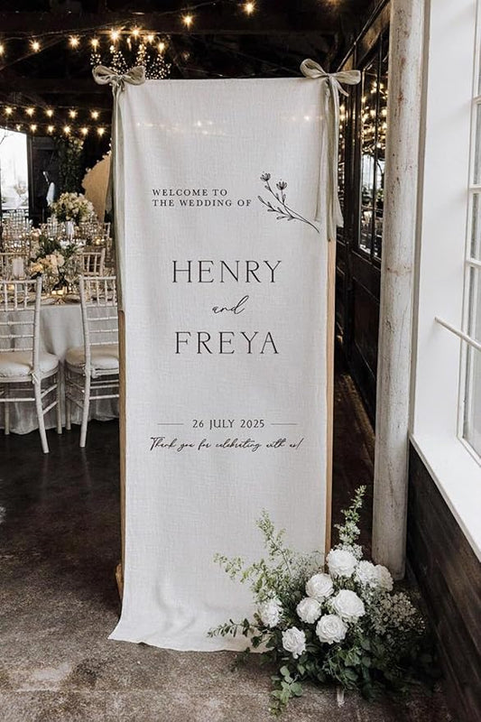 Personalized Wedding Welcome Banner Linen – Custom Names & Date, Elegant Fabric by Custom