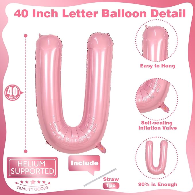 40 Inch Pastel Pink Letter Balloon U, Giant Custom Alphabet U Foil Balloon Baby - Image 2