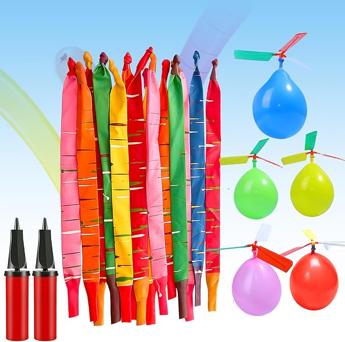 100 Rocket Balloons with 2 Pumps and 5 Helicopter Balloon Toys | Whistling by Nautydaddy