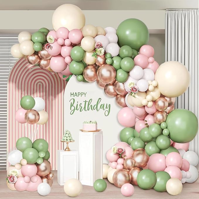 Sage Green Pink Balloon Arch Kit, Sand White, Rose Gold, Different Size | Latex - Image 8